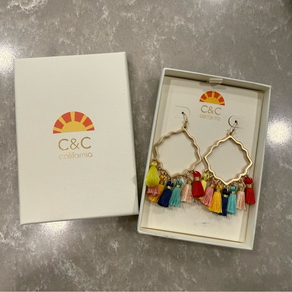 C&C California Gold Hoop Earrings with Multicolor Rainbow Tassels - Picture 3 of 5